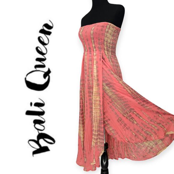 Bali Queen | One Size | Coral & Cream Tie-Dye Smoked Bodice Maxi Tia Tube Dress - Picture 3 of 7
